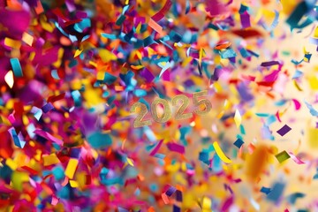 A close up shot of the year 2025 in gold text with colorful confetti falling in the background.