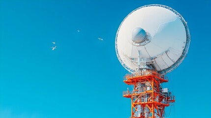Fototapete - Detailed Close up View of an Advanced Aerospace Radar Instrument Tracking and Monitoring High Altitude Flights and Aviation Traffic