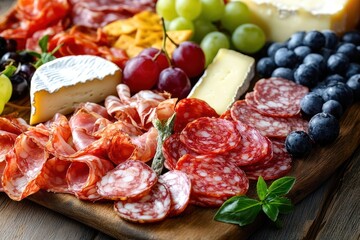 A close-up of a charcuterie board with various cured meats, cheeses, grapes, and blueberries.