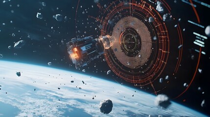 Fototapete - Detailed radar display interface monitoring and tracking various space debris and objects orbiting the Earth  High tech futuristic technology for aerospace and satellite communication