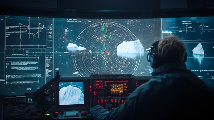 Leinwandbilder - Detailed radar screen interface showing the locations and movements of icebergs in the ocean providing critical information for maritime safety and navigation