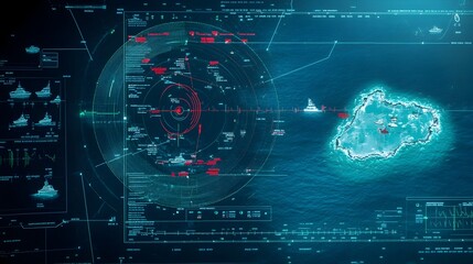 Fototapete - Detailed view of a marine radar screen showing the locations of various boats and the outlines of the surrounding coastal areas