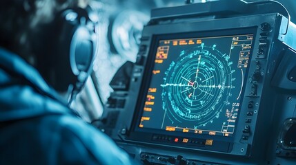 Poster - Detailed view of a submarine radar display screen showcasing underwater activity depth readings and other critical maritime data and information for intelligence gathering