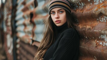 Beautiful girl with long trendy beanie looking out from the backdrop of an urban alleyway against the wall of rusted metal panels. Urban backdrop, background. confident gaze.