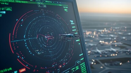 Fototapete - Detailed view of an airport air traffic control radar screen displaying real time information about the location speed and altitude of multiple aircraft in the surrounding airspace