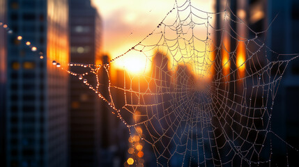 Wall Mural - Urban Dew Spider Web Between Skyscrapers