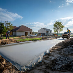 Construction workers are building a new driveway for a residential home