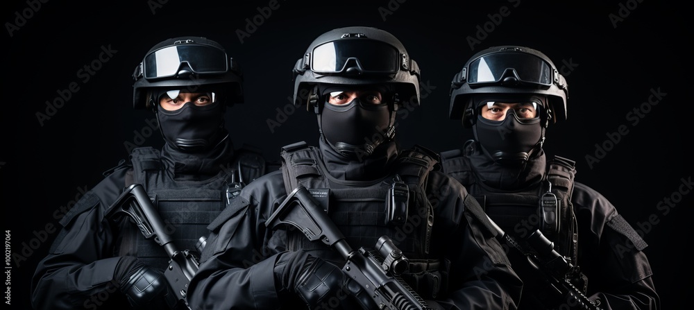 Tactical Rifle Officer Three tactical officers in black uniforms stand ready with weapons for ...