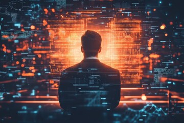 Fototapete - A cybersecurity expert analyzes glowing encrypted codes in a virtual data space at night. Generative AI