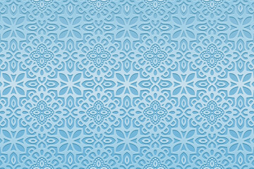 Wall Mural - Luxury satin blue background, tribal design cover, banner. Geometric openwork 3d pattern, embossing. Textured ethnic ornaments, arabesques, mandala of the East, Asia, India, Mexico, Aztec, Peru.