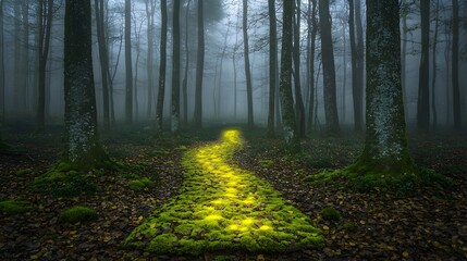 Leinwandbilder - Glowing pathway winding through a mystical misty forest offering a sense of clarity and direction amidst the uncertainty  The ethereal light guiding the way