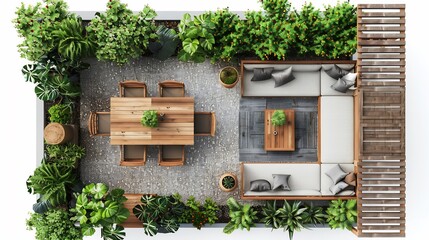 Top down view of outdoor dining area with wooden furniture potted plants and a small table white isolated background