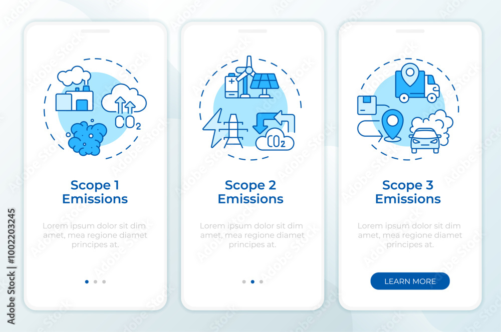 CO2 emissions blue onboarding mobile app screen. Walkthrough 3 steps ...