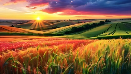 Wall Mural - Vibrant Sunset Illuminating a Golden Wheat Field in a Picturesque Landscape