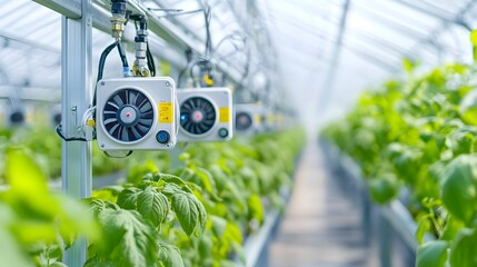 Aufkleber - image showcasing the intricate network of sensors and fans that comprise an automated greenhouse climate control system designed to optimize temperature humidity