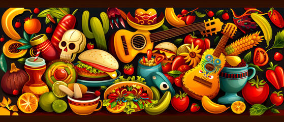 A colorful and vibrant image of various foods and musical instruments. The idea behind this image is to celebrate the diversity of cultures and the importance of food. Scene is joyful and lively