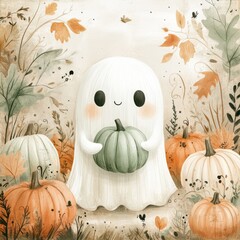 A cute ghost holds a green pumpkin among autumn leaves and orange pumpkins, perfect for Halloween-themed designs.