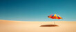 © sornram - A vibrant rainbow umbrella stands alone in a vast desert, casting a striking shadow under a clear blue sky.