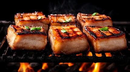 Mouthwatering close up view of slices of succulent pork belly grilling over hot charcoal flames with fat dripping and sizzling onto the fire isolated on a dark black background