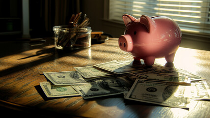 The piggy bank and money on the table, bright scenery, urban 