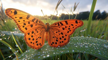 Sticker -   A blurry image of a butterfly perched on a blade of grass, surrounded by water droplets, with trees in the distant background