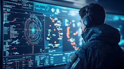 Fototapete - Radar Screen Displaying Real Time Air Defense Monitoring with Multiple Aircraft Paths and Trajectories  Comprehensive Aerospace Surveillance and Tracking Technology for Military Security