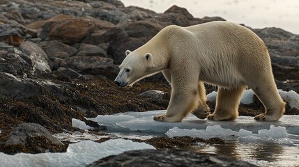 Poster -   A vast, gleaming polar bear saunters atop a floating sheet of ice near a waterbody on a rugged shore