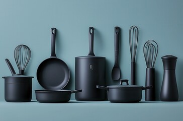 Modern collection of black cooking utensils, including pots, pans, and whisks, arranged against a teal background