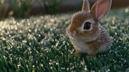   A small brown rabbit perches atop lush green grass, dotted with dewy droplets on a radiant sun-kissed day