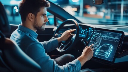 Man Interacting with Digital Interface in a Modern Car