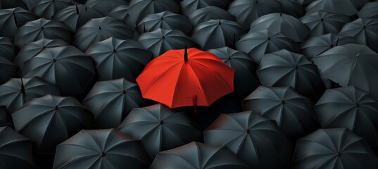 A single bright red umbrella stands out among numerous black umbrellas in a crowded space