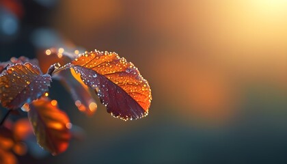 Wall Mural - Glistening Dew on Autumn Leaf Illuminated by Morning Light with Beautiful Natural Background