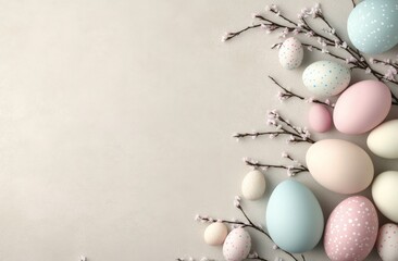 Decorative pastel eggs and bunny ears arranged on a light surface for a spring celebration