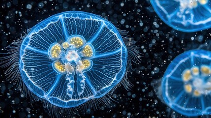 Wall Mural - a blue jellyfish cluster bobbing atop a tranquil pond's waters, with surface bubbles