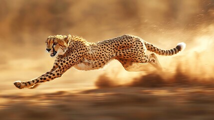 Poster -   A cheetah sprints through the desert with dust billowing in front of it, while trees loom in the background