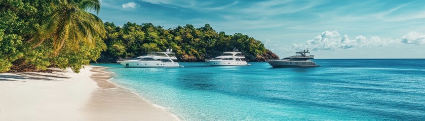 Wall Mural - Luxurious Yachts Anchored in Crystal Clear Waters Near a Tropical Island with Pristine White Sand Beach