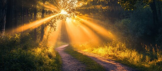 Wall Mural - Sunlight Filtering Through Trees on a Serene Forest Path at Sunrise