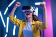© Moopingz - A young woman immersed in virtual reality gaming, raising her fists in excitement while wearing a VR headset in a neon-lit environment.