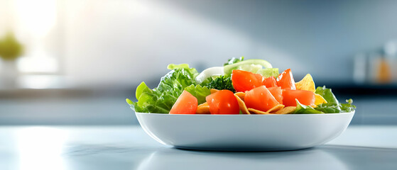 Fresh salad with vibrant vegetables on a white plate, ideal for healthy eating and culinary presentations.