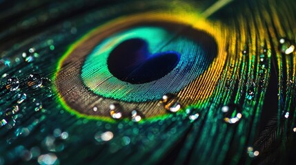 Canvas Print -   A close-up of a peacock's feather with water droplets Feathers vary in shades of green, yellow, and blue