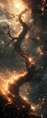Wall Mural - mystical cosmic scene featuring a glowing tree-like structure amidst a starry background, evoking wo