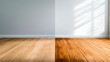 © sornram - Stunning contrast of light and dark wood flooring with natural light casting shadows in an inviting, modern space.