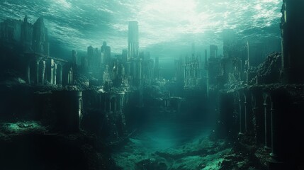 Fantasy Underwater Seascape of an Ancient Lost City Beneath the Ocean Depths