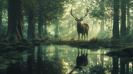 Wall Mural - a deer standing in a forest by a reflective body of water, with its antlers mirrored in the water