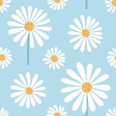 Chamomile seamless pattern. Hand drawn large white daisy flowers isolated on light blue background. Cute summer floral wallpaper. Raster children’s allover illustration