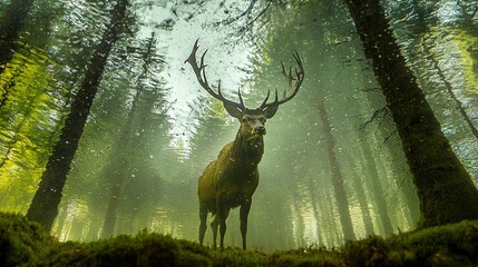 Sticker -   A deer stands tall amidst a dense forest, surrounded by towering trees adorned with lush moss on its sides