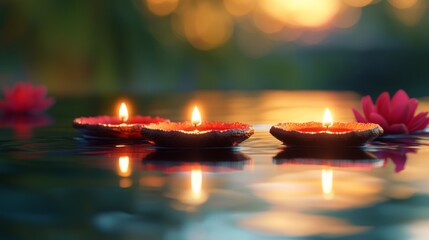 Wall Mural - Three Burning Candles Floating on Water with a Lotus Flower