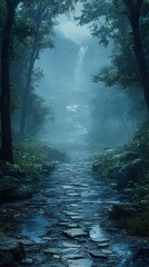 Poster - Misty Forest Path Leading to a Waterfall