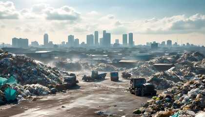 Wall Mural - Urban construction scene featuring machinery navigating through a debris-filled landscape