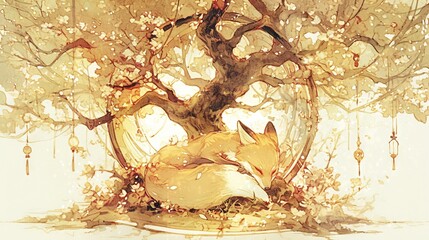 Poster -   Watercolor tree with fox